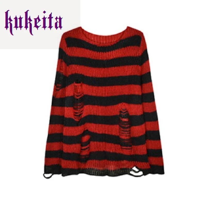 Kukeita Women Sweater Gothic Grunge Striped Knitted Long Pullover Loose Punk Sweater Hole Broken Jumpers Mujer Rock Streetwear