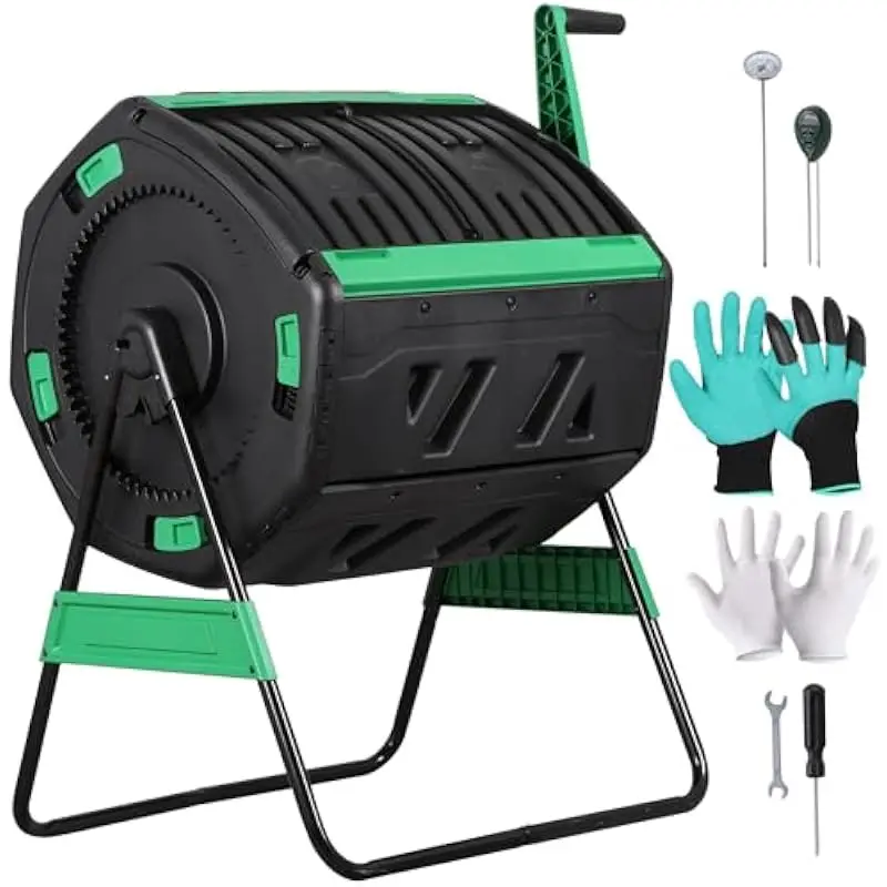 JupiterForce 53-Gallon Dual-Section Outdoor Compost Tumbler with Octagonal PP Body, Gear-Assisted 360-Degree Rotation, Adjustabl