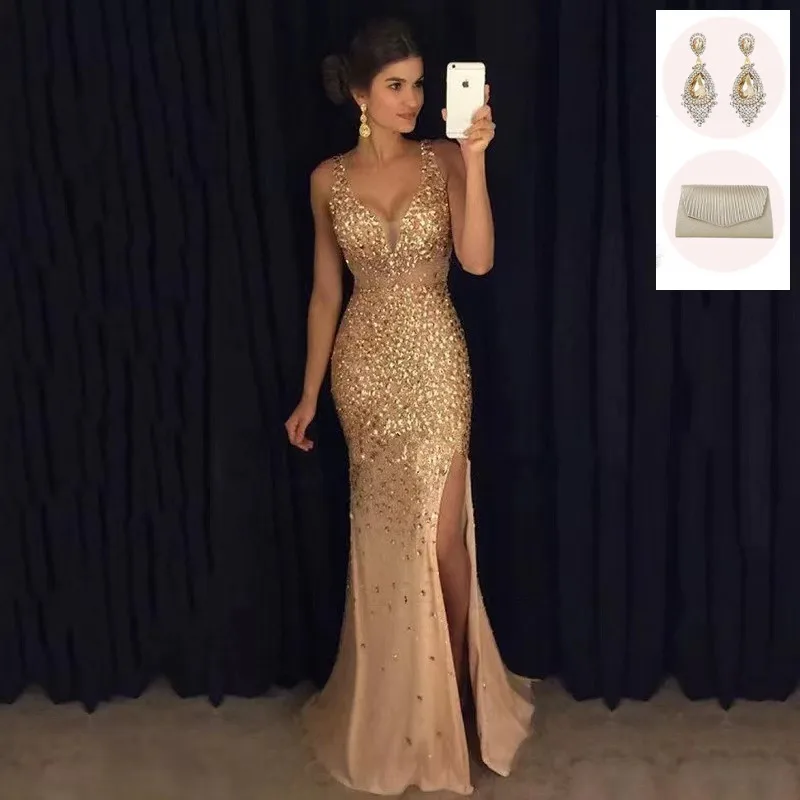 3pc/set Women New Fashion Sexy Deep V Neck Split Gold Plated Dress with Bling Bag Earring Long Mermaid Party Evening Dress