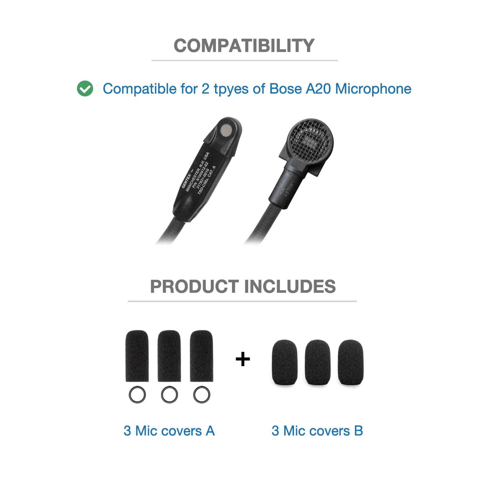 Replacement Mic Foam Covers For Bose A20 A10 A30 Aviation Headsets - High-Density Sponge Windscreen Set (2 Packs, 6 Pieces)