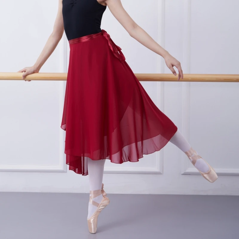 Adults Women Ballet Dance Skirts Long Chiffon Dance Skirts Lyrical Soft Ballet Dress Black Burgundy Dance Costumes Yoga Skirt