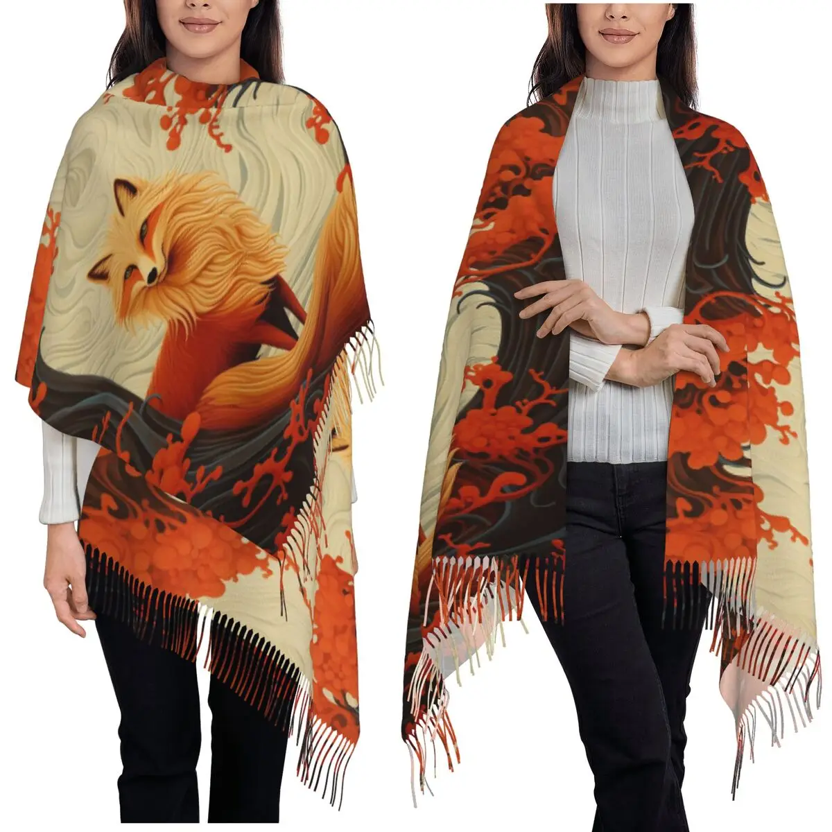 

История натурального танца между дикими лисами Шарф с кисточками Шарфы для женщин Шали и накидки Большая осенне-зимняя шаль