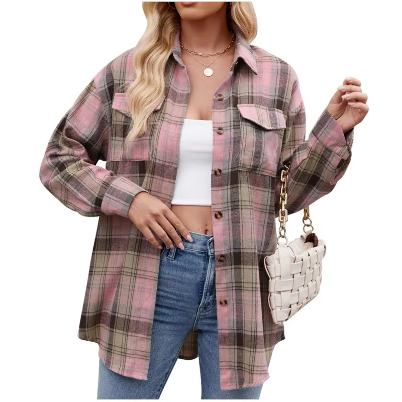 

Women's clothing 2025 spring and summer new casual fashion loose plaid women's shirt long sleeved pocket shirt for women