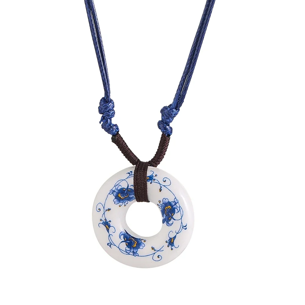 

Ceramic Pendant Necklace Blue White Floral Donut Adjustable Jewelry Women Chinese Art Ethnic Style Handmade Charm Accessory