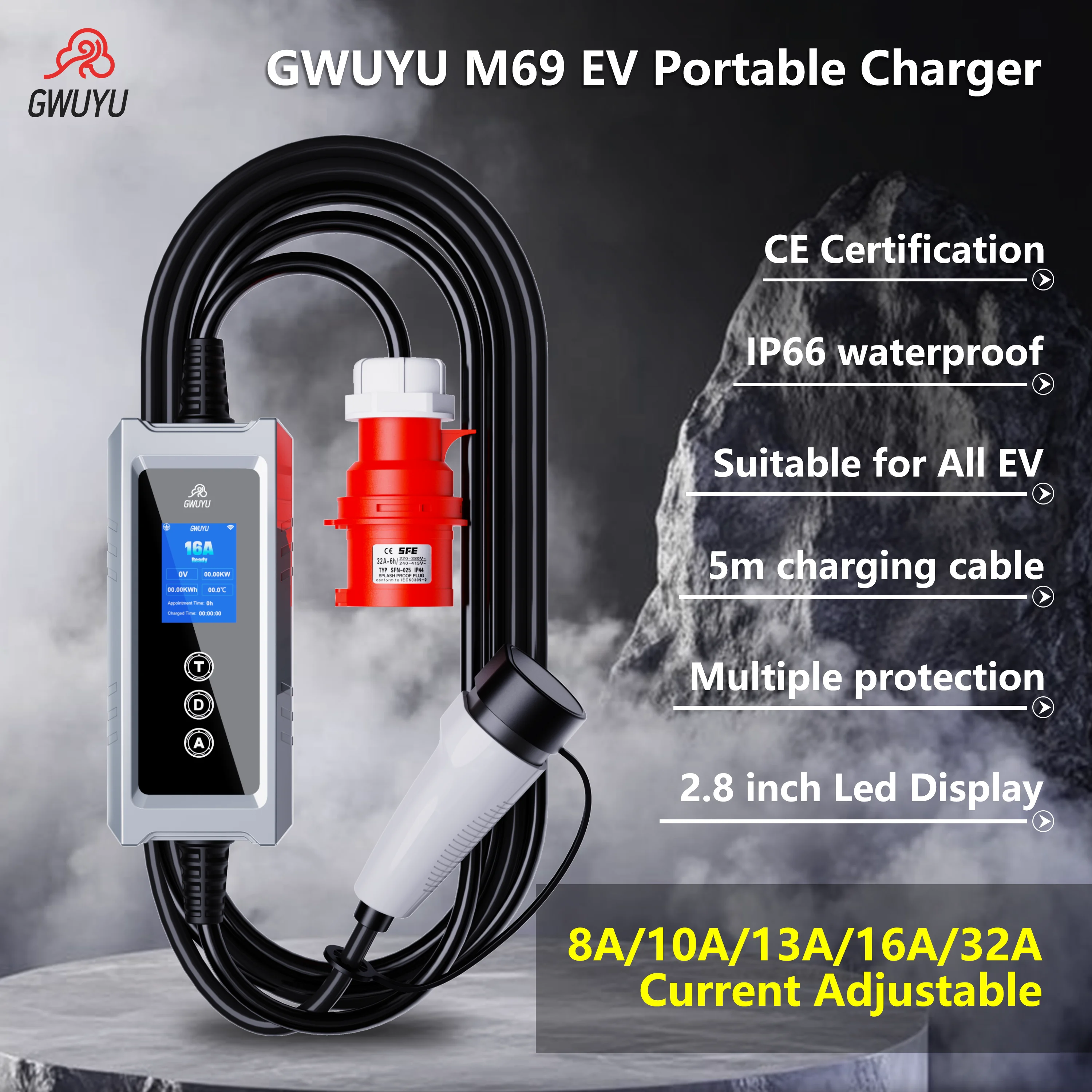GWUYU Ładowarki EV Typu 2 32A – Type 2 Portable Ev Charger 11Kw Cee recenzja i cena