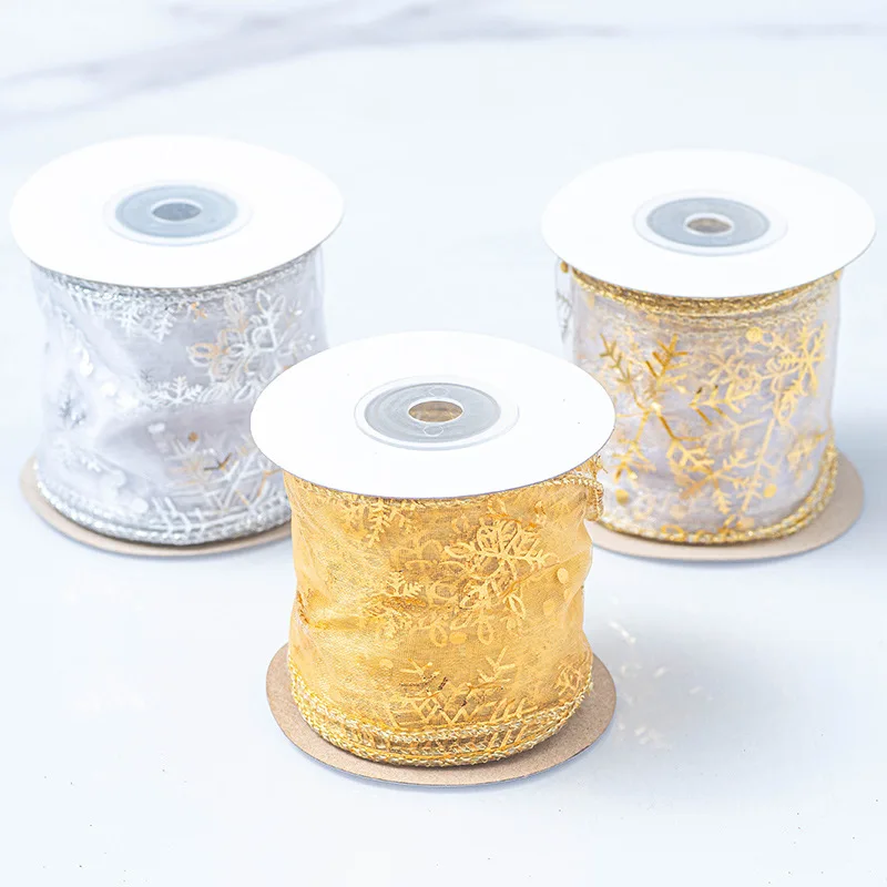 9m Sparkling Silk Ribbons Gold Silver Snowflake Christmas Tree Decoration Gift Box Packaging Ribbon Bow Tie Material