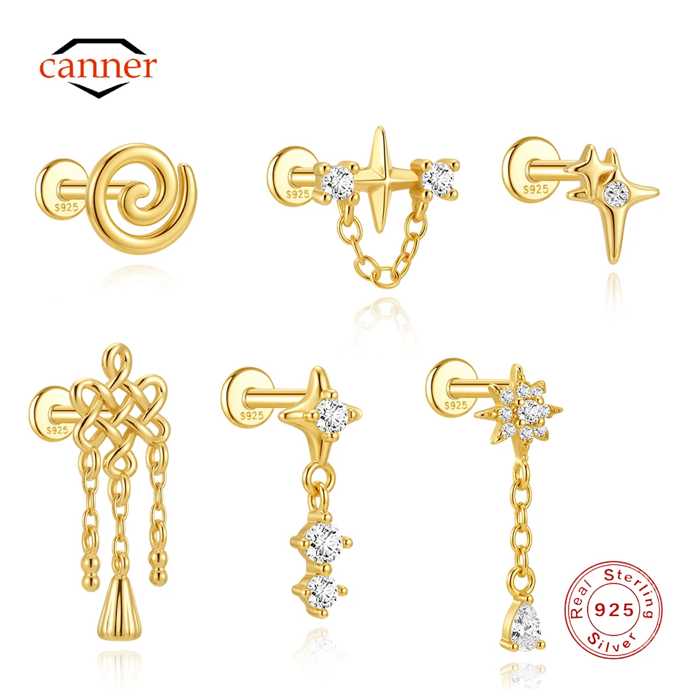 

CANNER 1PC Four Pointed Star Tassel Cartilage Spiral Puncture 925 Sterling Silver Stud Earring For Women Ins Love Earring Gift