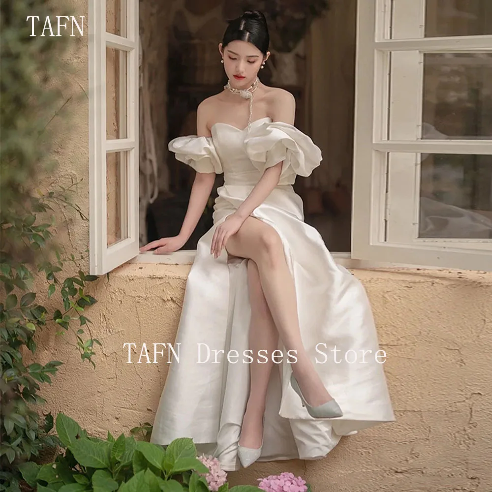 

TAFN French Strapless Wedding Dress Detachable Sleeves Side High Slit Satin Bridal Gown A-line Korea Photo Shoot Wedding Gown