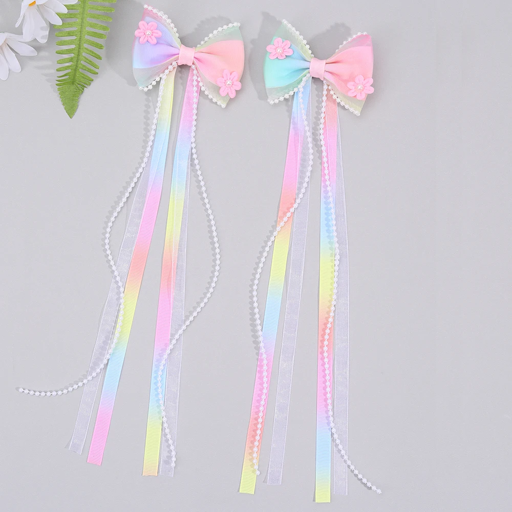 Sweet Pearl Long Tassel Hairpin Girls Satin Ribbon Hair Clip Barrettes Kids Party Hair Accessories Headwear Ponytail Clips