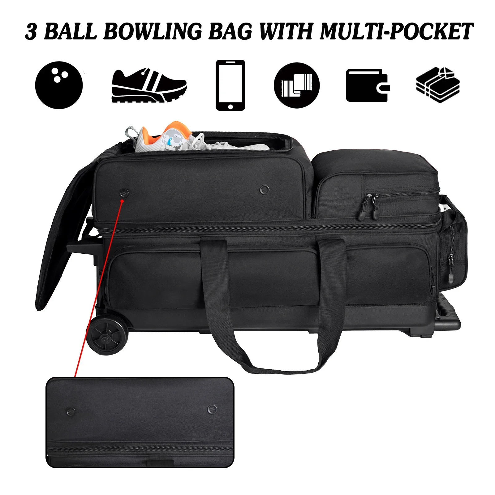 Newly Upgraded Customized Large Capacity Three-Ball Bowling Ball Bag Multi-Pockets Wheels Trolley Bag For Bowlin