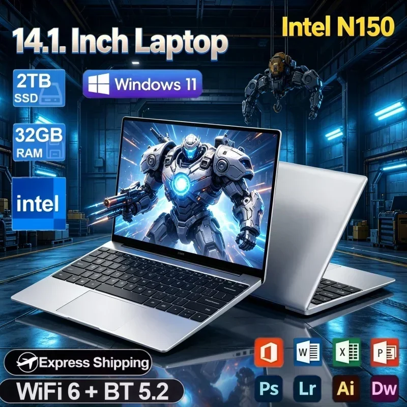 14.1 Inch Ultra Slim Multifunctional Notebook PC Intel N150 32GB RAM 2TB SSD Win11 Office Student Gaming Laptop