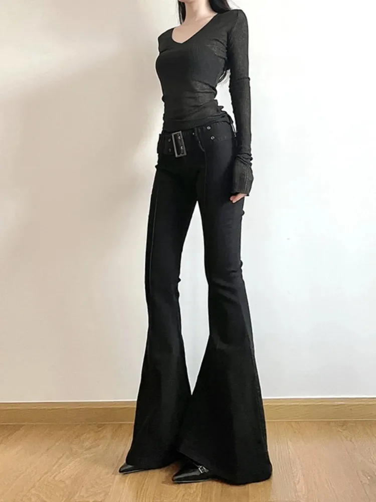 Celana Jeans Hitam Model Flare Y2k Retro Wanita E-Girl 2000-an Streetwear Fashion Celana Harajuku Lebar Yoga Pants 90-an Pakaian Estetik