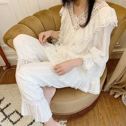Women's Lolita Princess V neck Pajama Sets.Ruffle Lace Tops+Long Pants.Vintage Ladies Girl's Pyjamas Set.Sleepwear Loungewear