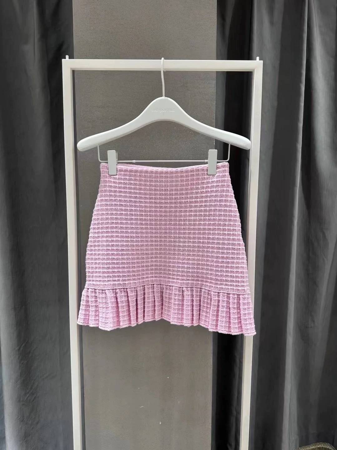 Women Pink knitted set o-neck short cardigan jacket + high wiast mini skirt