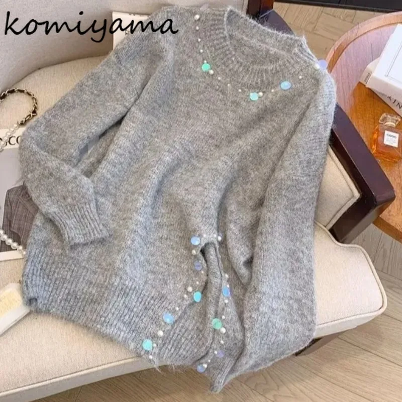 

O-neck Beads Sequin Ropa Mujer Long Sleeve Knit Sweater Loose Casual Split Clothes Woman Pull 2025 Autumn Winter New Tops