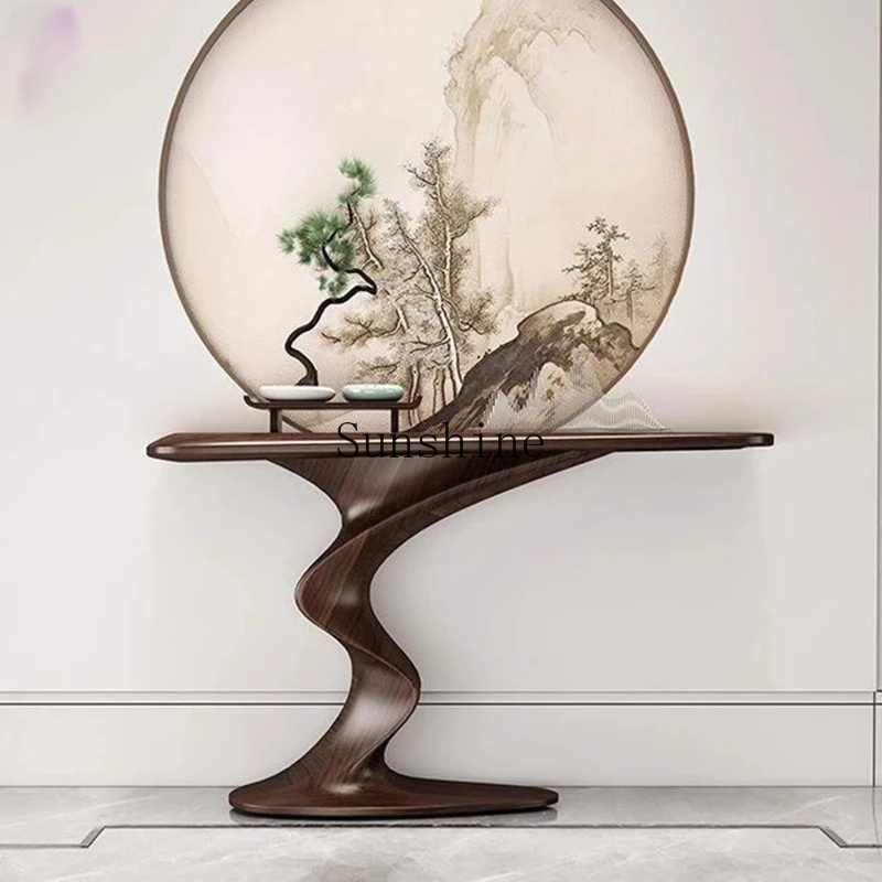 

Chinese-style entrance table, all solid wood foyer against the wall, special-shaped, modern entry, Zen-style end-view platform