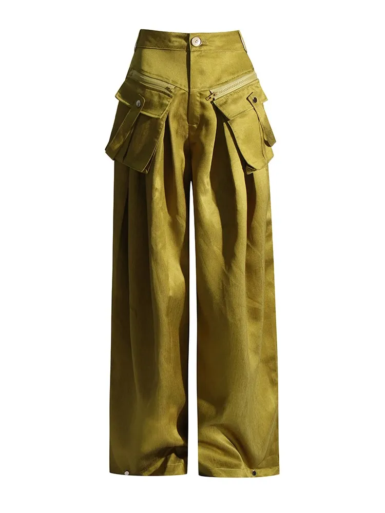 CHICEVER Patchwork Pockets Chic Pant For Women High Waist Streetwear Solid Loose Wide Leg Pant Female Spring Fashion Clothing