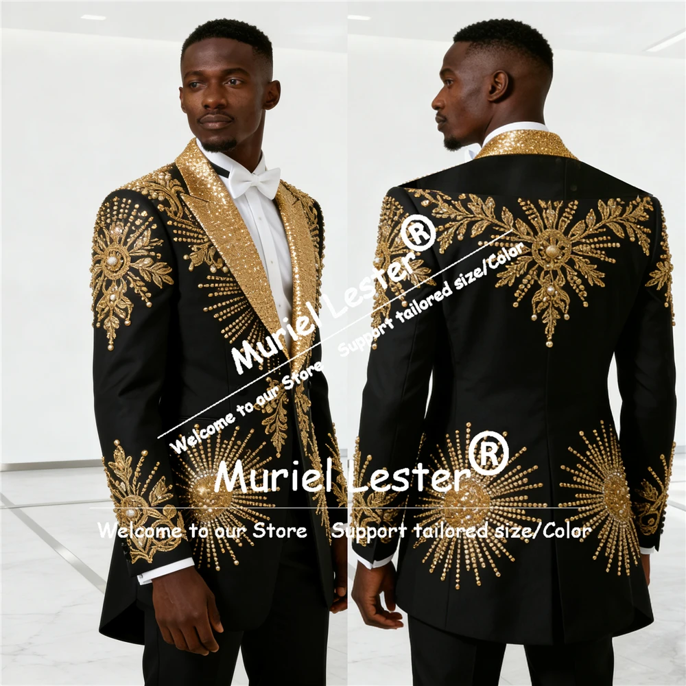 

Metallic Diamond Beaded Suits Men For Wedding Sparkly Sequined Lapel Groom Prom Blazers Customized 2 Piece Banquet Man Tuxedos