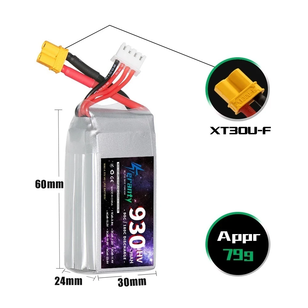 TERANTY 11.4V 930mAh 3S 90C LiPo Battery HV For RC Helicopter Aircraft Quadcopter Car Airplane XT30/T/XT60 3S 11.4v LIHV Battery