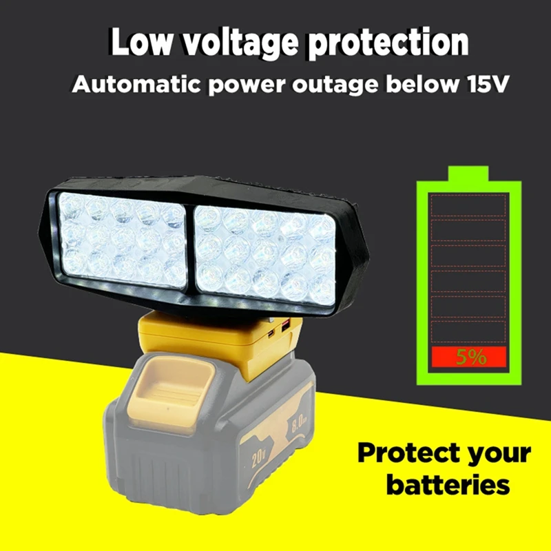 Lámpara de trabajo de 30 LED, linterna, foco, Banco de energía USB y tipo C con protección de bajo voltaje para batería de litio Dewalt
