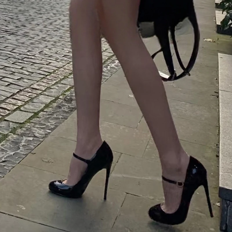 New Arrival 12cm/10cm High Heels Cute Mary Jane Black Ankle Strap Stilettos Round toe Comfort Pumps Party Shoes Ladies