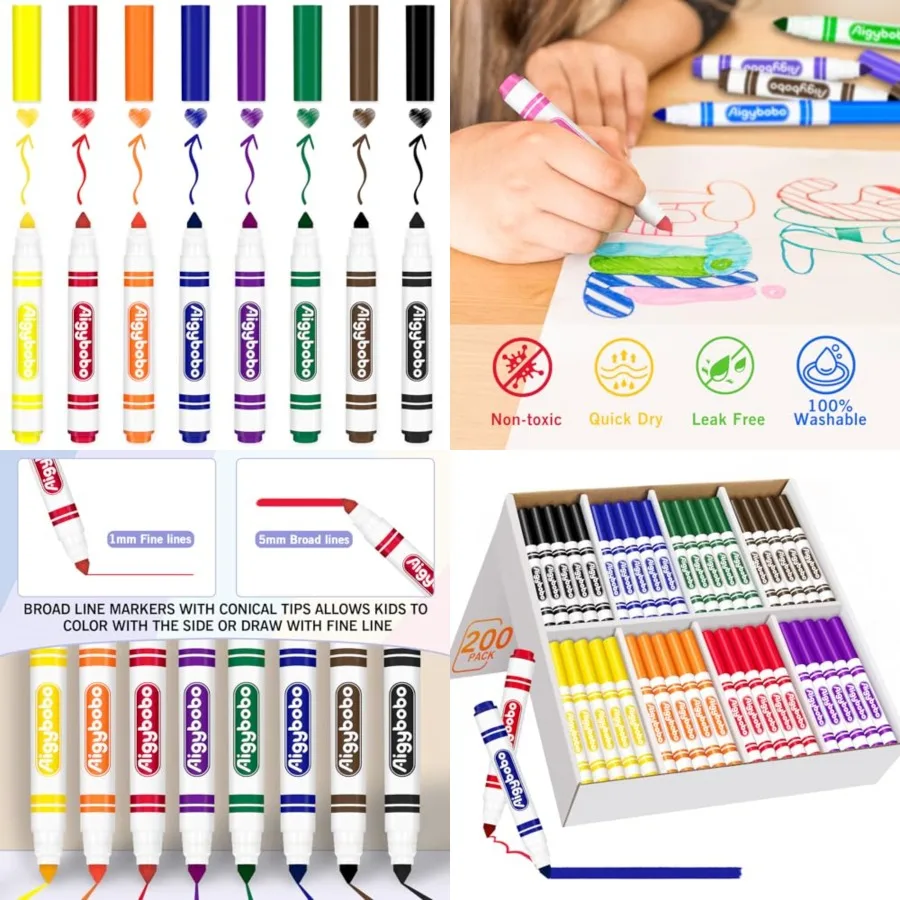 

Aigybobo 200 Count Washable Markers Bulk Pack with 8 Assorted Colors Broad Line Conical Tip Markers Ideal for ' Art Activities