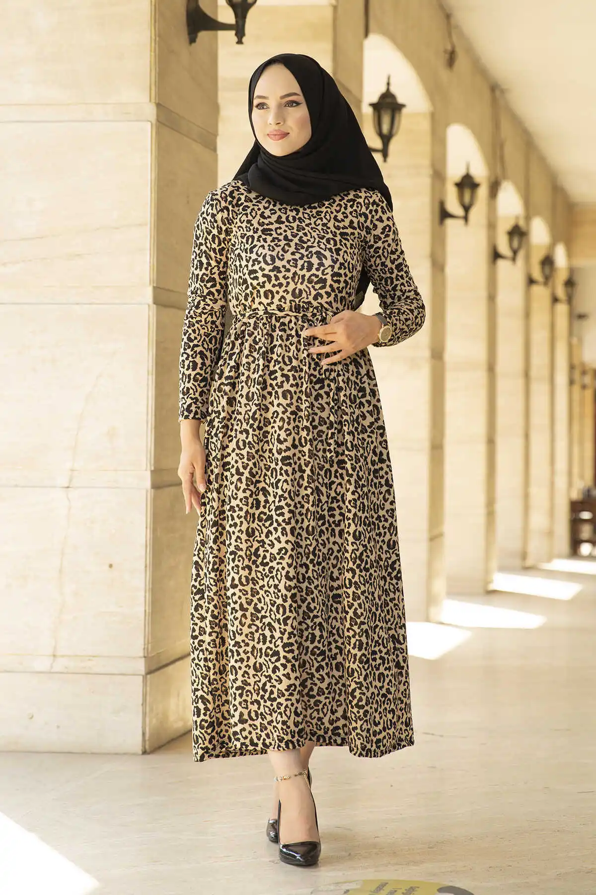 Leopard Pattern Dress ER-Winter Autumn 2021 Muslim Women Hijab headscarf Islamic Turkey