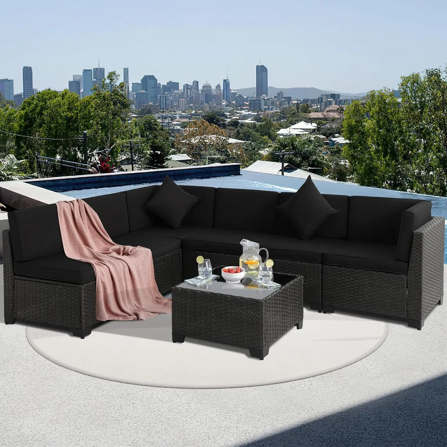 Outdoor Sectional Sofa, Wicker Patio Conversation Set, All-Weather PE Rattan Sectional Sofa with Cushions and Glass Coffee Table