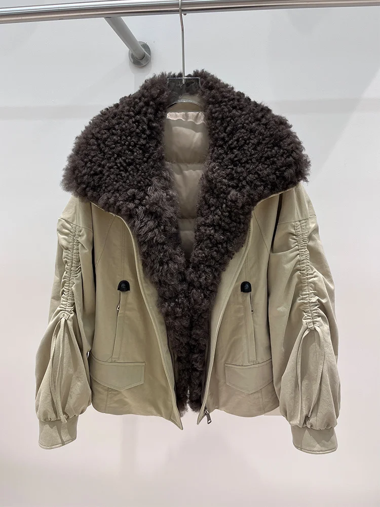 Piumini d'oca caldi invernali moda donna Collo in vera pelliccia di pecora di agnello naturale Cappotti femminili spessi Piumini Capispalla