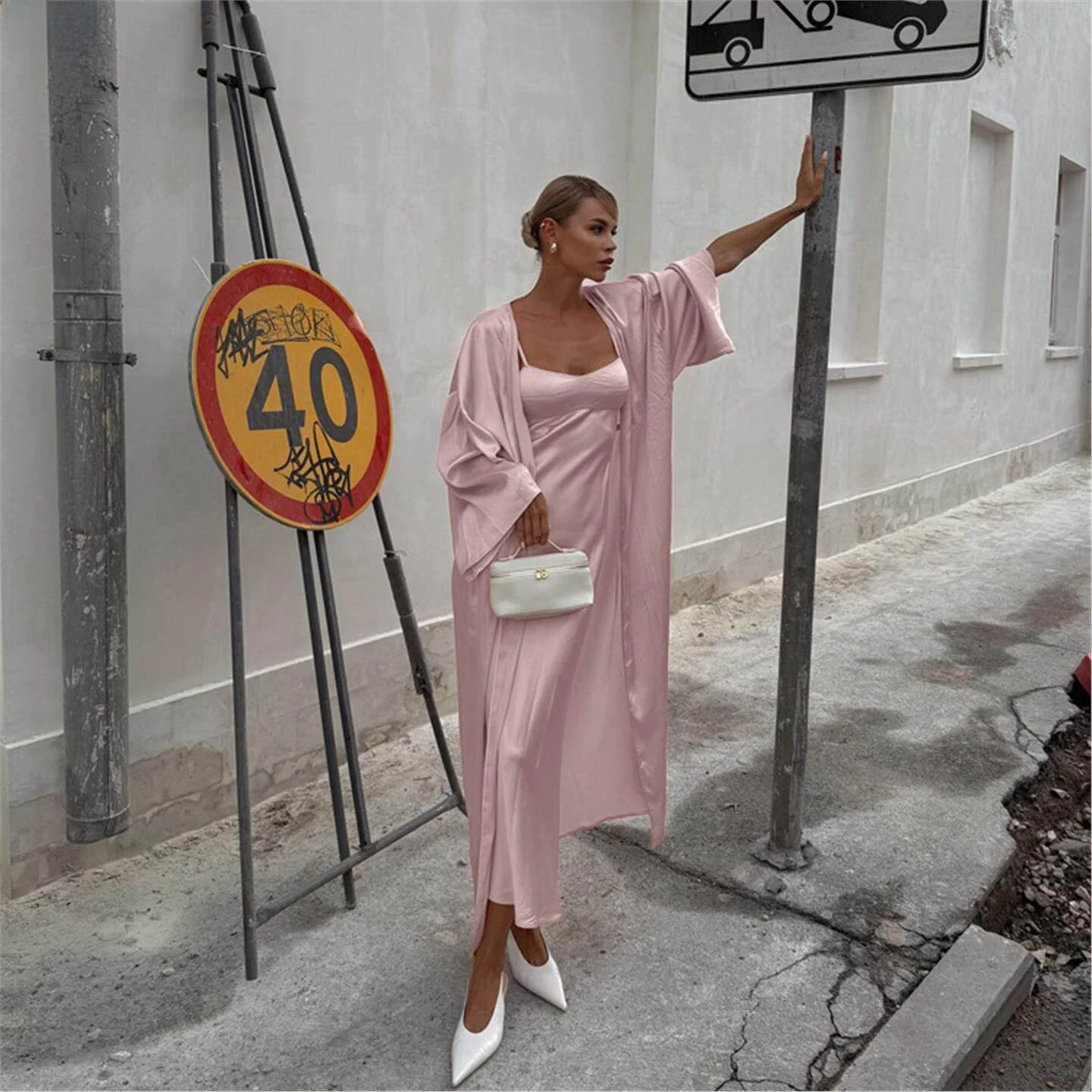 

Fashionable Long Sleeve Belted Open Cardigan Long Robe Halter Dress Set Casual Stylish Skirt Ensemble for Trendy Women