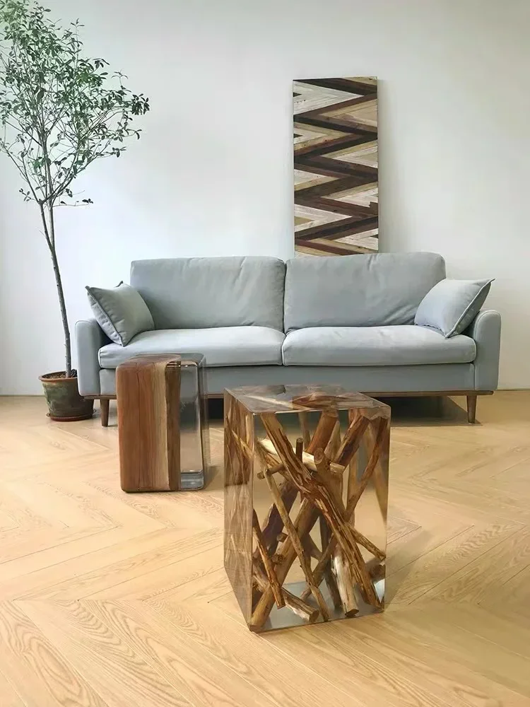 Burnt Trunk side table with Acrylic glass and Burnt solid wood crystal side table