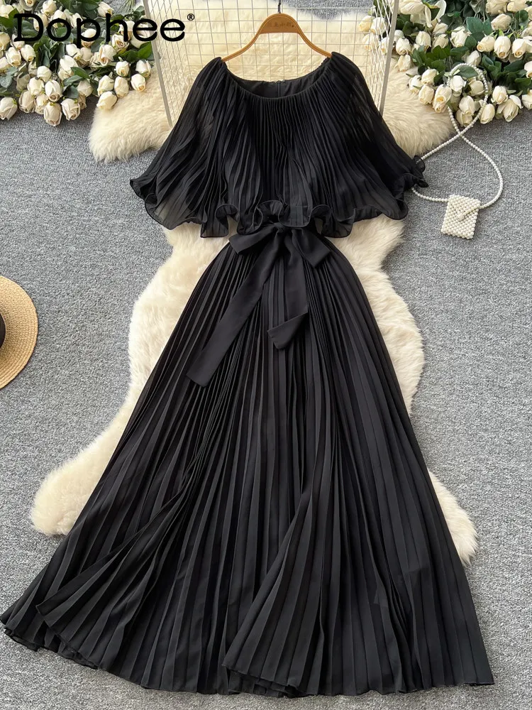 

2026 Spring New French Design Pleated Women's Dress with Bow Tie Off-Shoulder Straps Waist-Cinching Elegant Long Dress