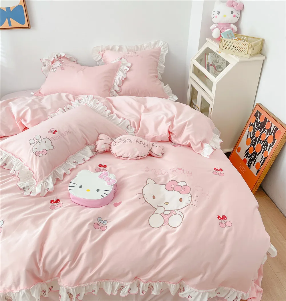 1.2-2m Sanrio Hello Kitty Cotton Bedding Set Girl Double Queen Size Flat Sheet Duvet Cover Pillowcase Bed Linens Home Textile