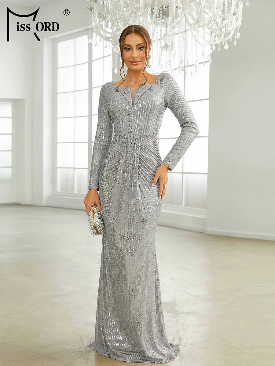 Missord Grey Sequin Evening Dresses Women Elegant Long Sleeve Square Collar Ruched Bodycon Wedding Party Prom Dress Gown