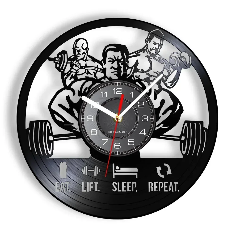 Eat Lift Sleep Repeat Mens Fitness GYM Inspirational Quote Workout Wall Clock Muscle Men Bodybuilding Vinyl Record Wall Clock