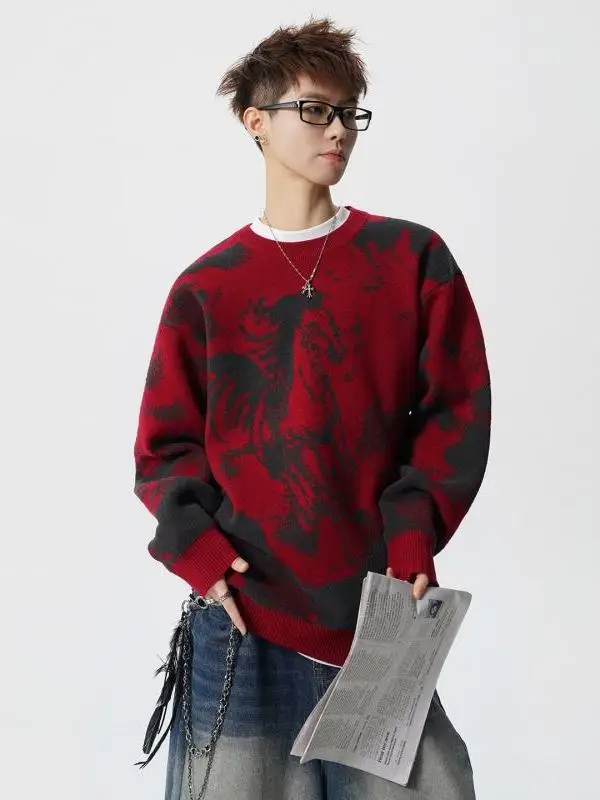 

Вязаный свитер TANGZ Studio Thiened красного цвета для мужчин, модный, новый, с вышивкой в китайском стиле, теплая зимняя одежда для пар