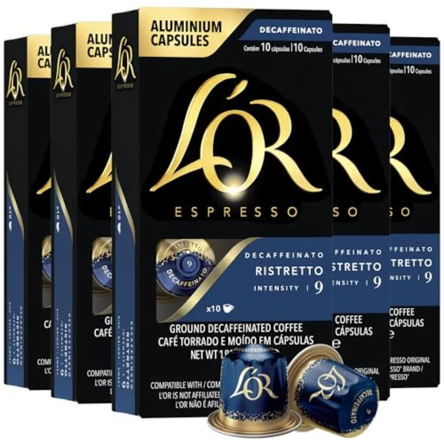 

Капсулы для эспрессо L'OR DECAF, 50 штук, без кофеина, ристретто, одноразовые алюминиевые кофейные капсулы, совместимые с L'OR BARISTA Sy