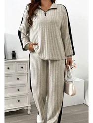 Women Loose Knit Sweater Suit Stripe Color V Neck Pullover Wide Leg Pants Suit Autumn Winter 2 Pieces Set Homewear 2024