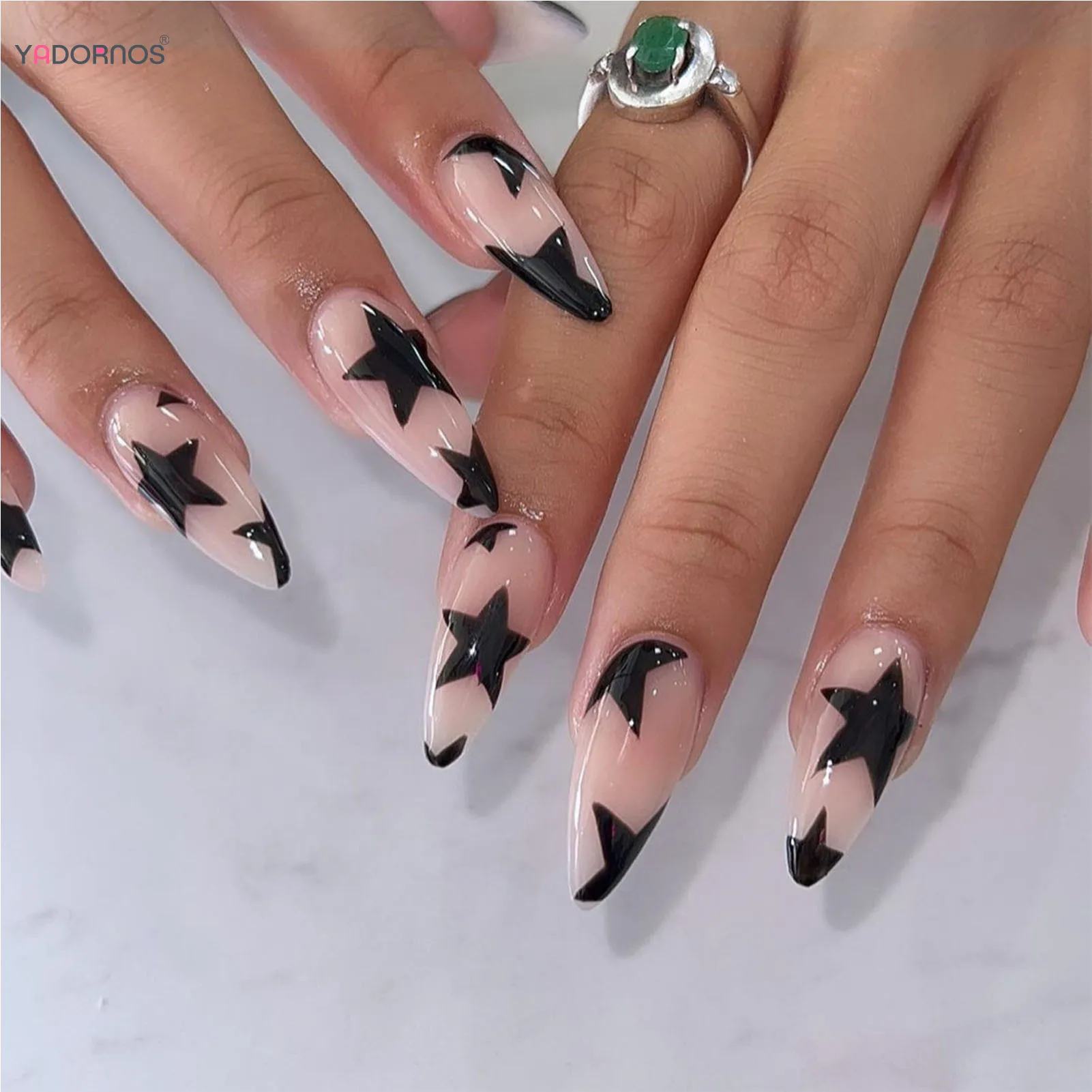 Y2K Press on Nails Black Five-pointed Star Design Nude Color Fake Nails Full Cover Almond False Nails DIY Manicure for Women