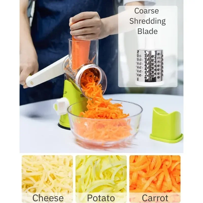 Rotary Cheese Grater Vegetable Cutter & Slicer Manual Kitchen Chopper Machine with 3 Sharp Drums Multifunctional Potato Shredder