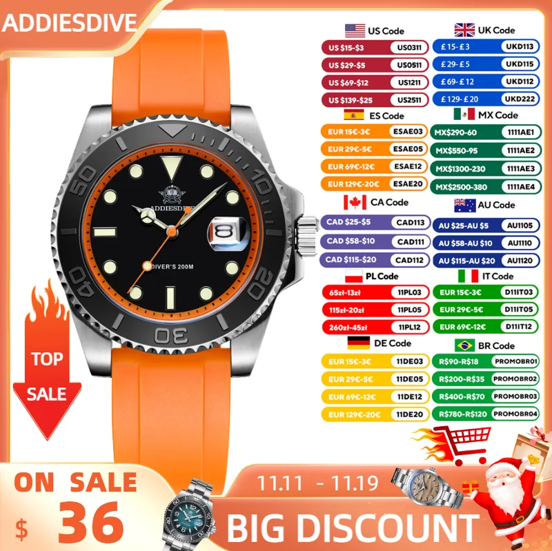

ADDIESDIVE новые мужские часы, роскошные дайверские кварцевые часы, водонепроницаемые, 200 м, безель из нержавеющей стали для дайвинга, 41 мм, светящиеся наручные часы BGW9