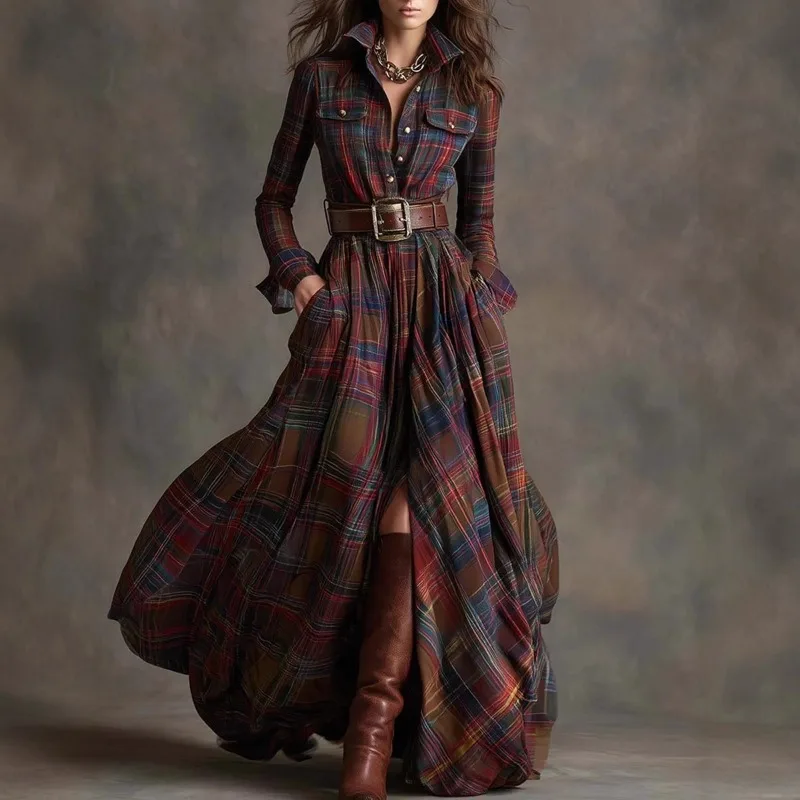 Große Größen Damenkleidung Französisches Retro-Karomuster Dünnes Unregelmäßiges Kleid Neues Design Damenrock Partykleider Langarm