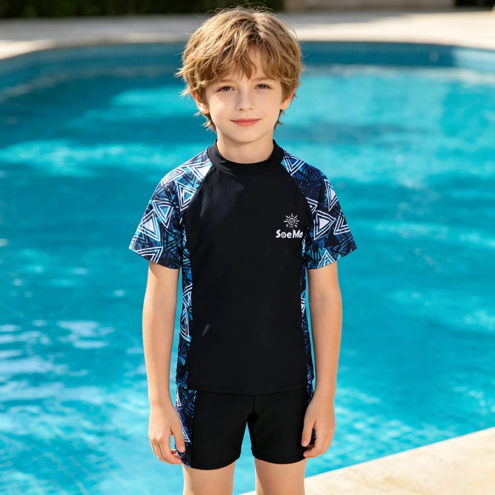 Boys Two Piece Swimming Suit 3-14Y Camo Spliced Short Sleeve Rash Guard Top+Board Shorts Quick Dry Children Beach Swim Costume