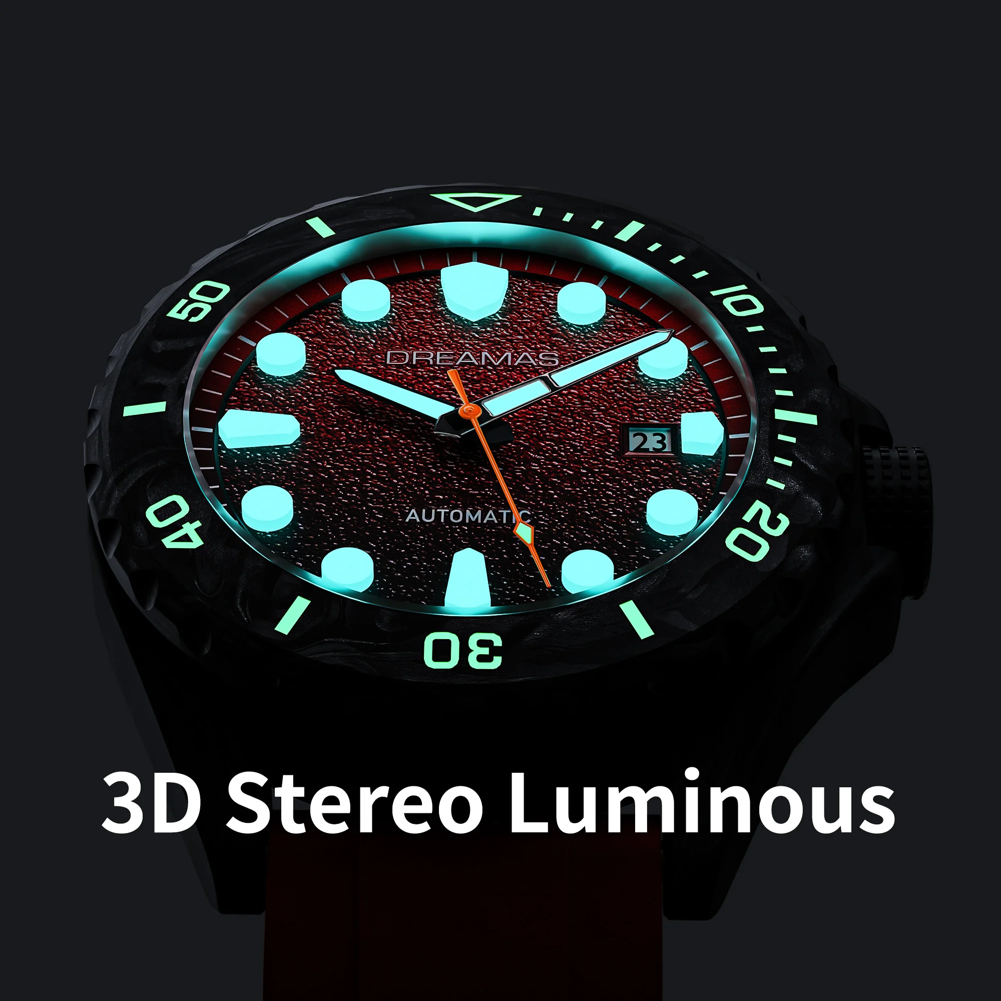DREAMAS Automatische mechanische Taucheruhr aus Kohlefaser, 500 m wasserdicht, Schweizer 3D-Leuchtzifferblatt mit rotem Farbverlauf, Sport-Armbanduhr – Detail 6