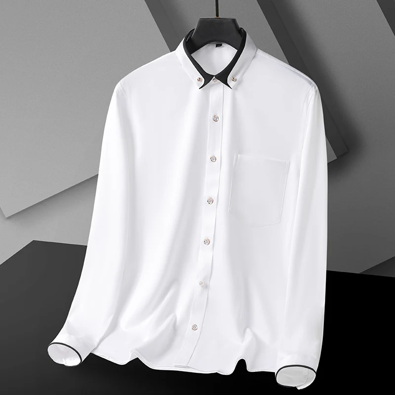 Mens Business Long Sleeve Plain Shirts Contrast Color Collar Formal Dress Shirt Casual Fashion Standard Fit Male Workwear Shirts