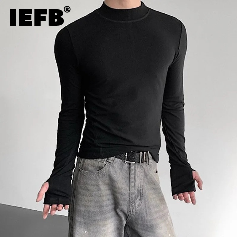 IEFB Einfache männer T-shirts Einfarbig Mock Neck Casual Koreanischen Stil Tees Lange Ärmeln Schlank Pullover Männlich Alle-spiel Tops 9X221