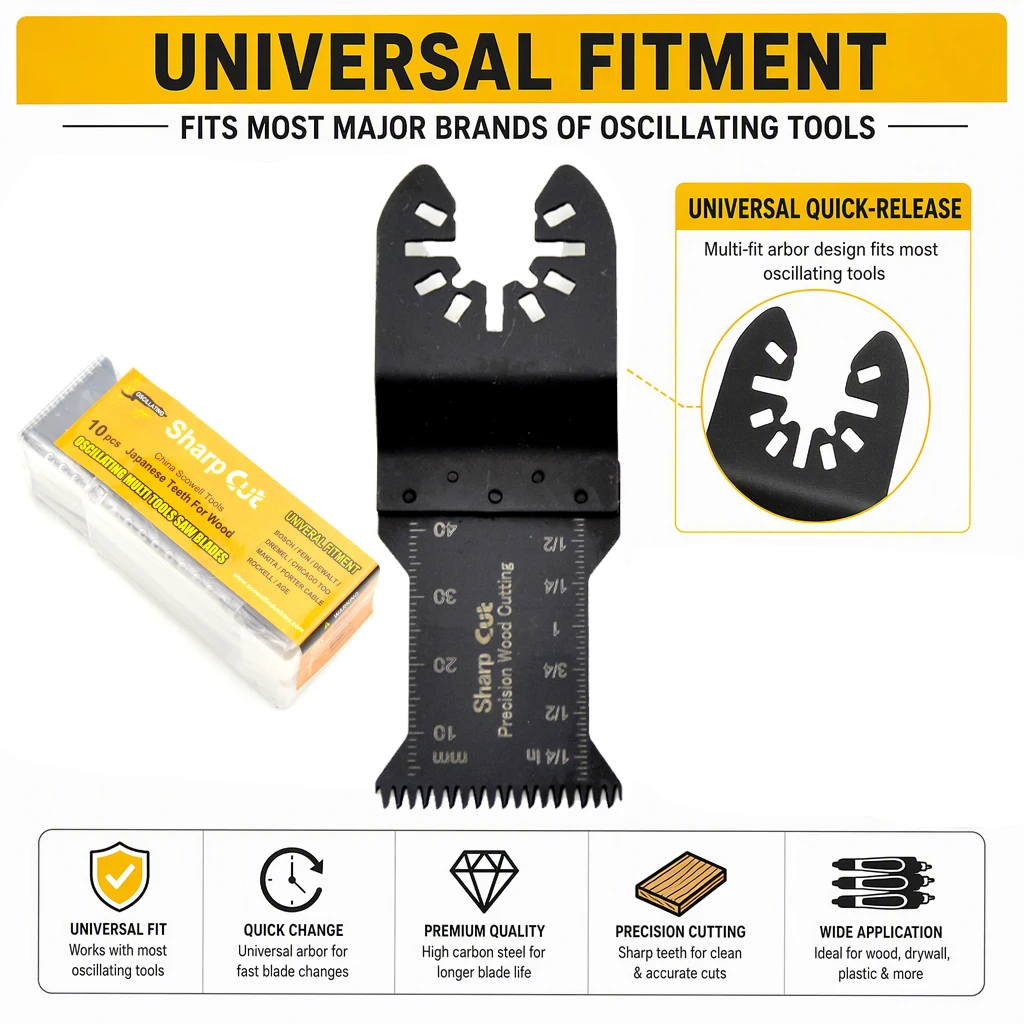 SCOWELL 10Pcs Oscillating Saw Blades 34mm 14TPI Japanese Double-Bevel Teeth Universal Fit Multi Tool Blade for Wood PVC Pipe Woo
