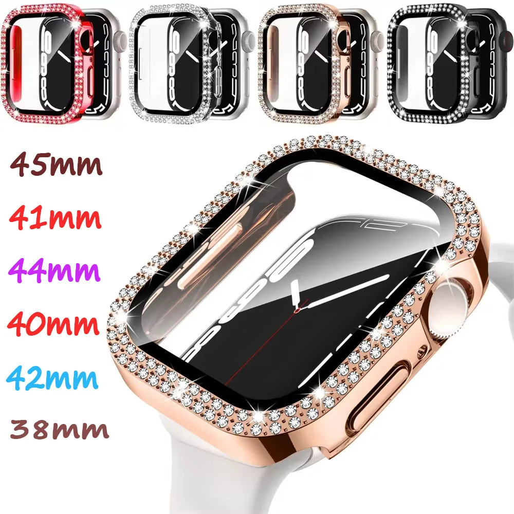 

Чехол из закаленной пленки с бриллиантами + закаленной пленкой для Apple Watch 9 8 7 45 мм 41 мм 42 мм Защитное стекло с защитой от падения для iWatch 6 5 4 SE 40 мм 44 мм