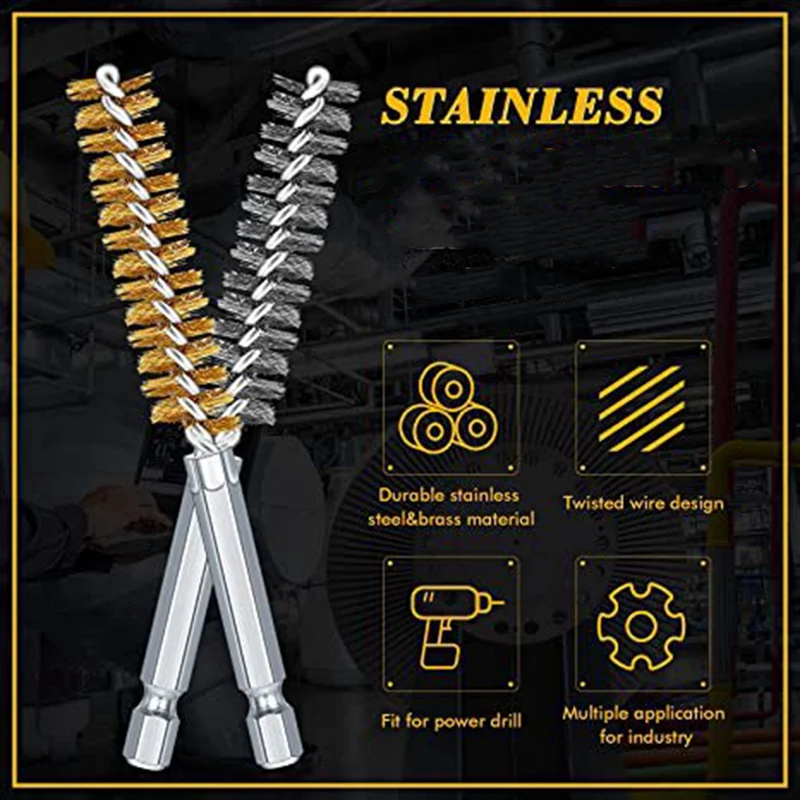 12PCS Steel Bore Wire Brush Twisted Wire Stainless Steel Cleaning Brush with Handle 1/4 Inch Hex for Pipe Hole-FS
