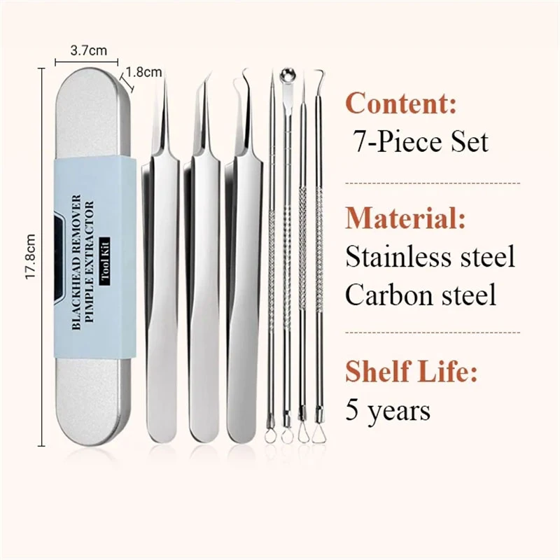 7 Stuks Comedondrukker Tool Kit Rvs Comedonen Extractor Puistje Acne Clip Removal Kit Neus Gezicht Pincet Gereedschap